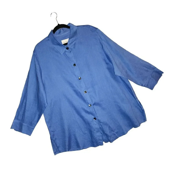Caroline Rose Women's Blue Gabardine 100% Linen Button Down Shirt Top Size 2X - Picture 6 of 7